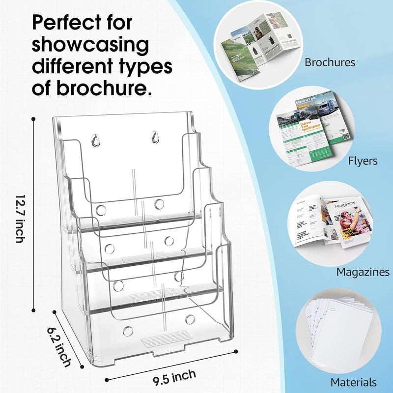 Max Gear Acrylic Brochure Holder 8.5 x 11 inch, 4 Tier Clear Literature Organizer Magazine Stand Display with Removable Divider for 4 x 9 inch Brochures, Pamphlet, Wall Mount or Countertop, 2 Pack - Image 2