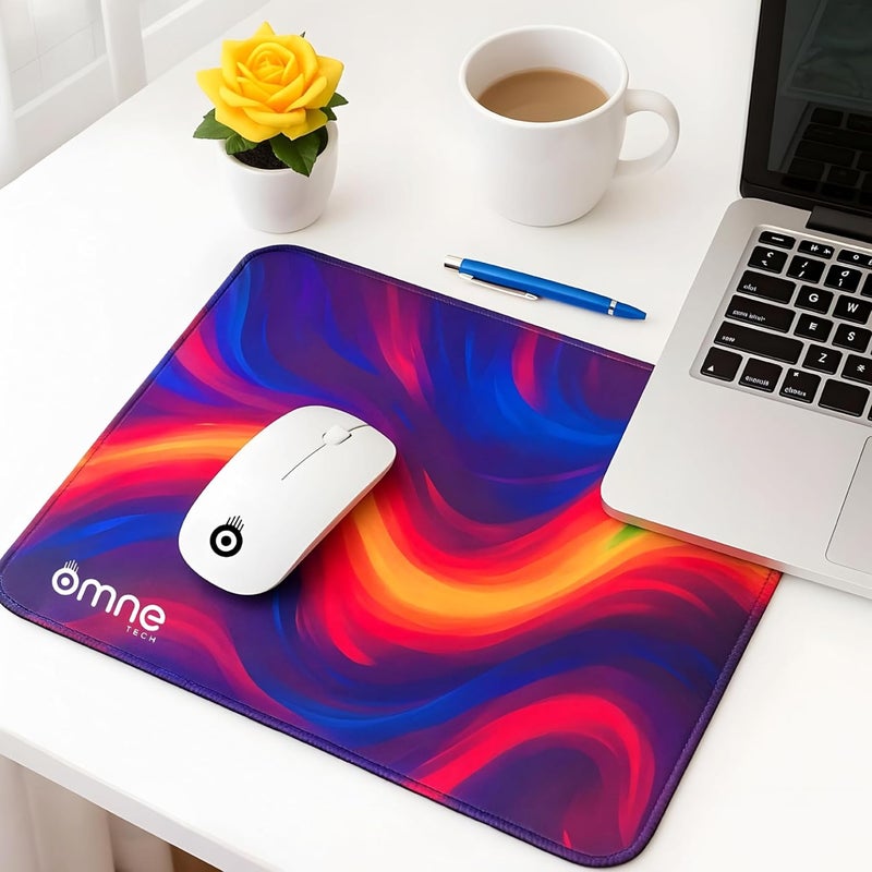 omne TECH Mousepad for Desk | Smooth Waterproof Surface, Anti-Slip Rubber Base, Durable & Comfortable Mouse Pad for Office, Laptop & Computer (RED) (Multicolor Abstract Wave Design) - Image 2