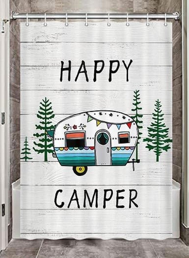 Viajar ستارة حمام Viajar RV، ستارة حمام خشبية ريفية Happy Camper مناسبة للمقطورات السياحية والتخييم، طقم إكسسوارات حمام صغير الحجم مع خطافات، 47 × 64 بوصة - Image 1