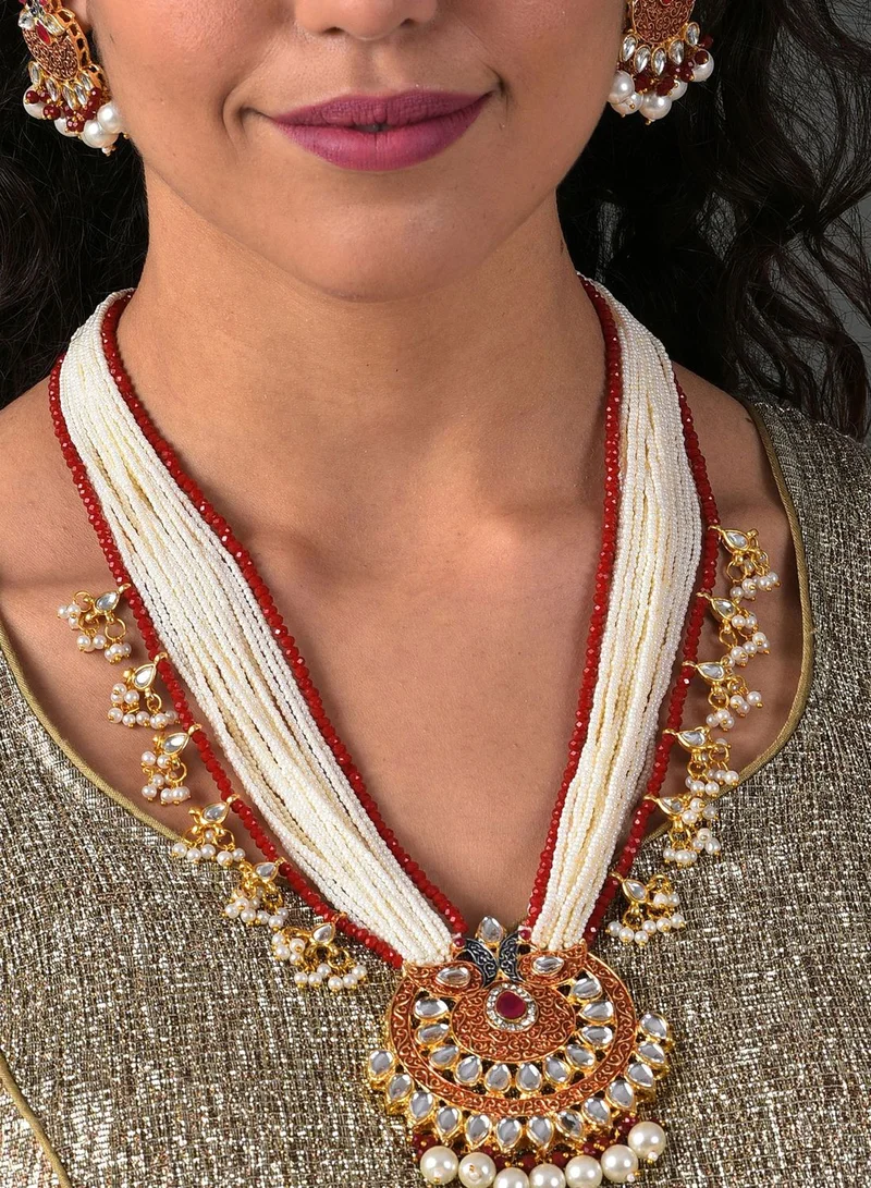 SOHI Gold Plated Designer Stone Pearl Necklace and Earrings Set