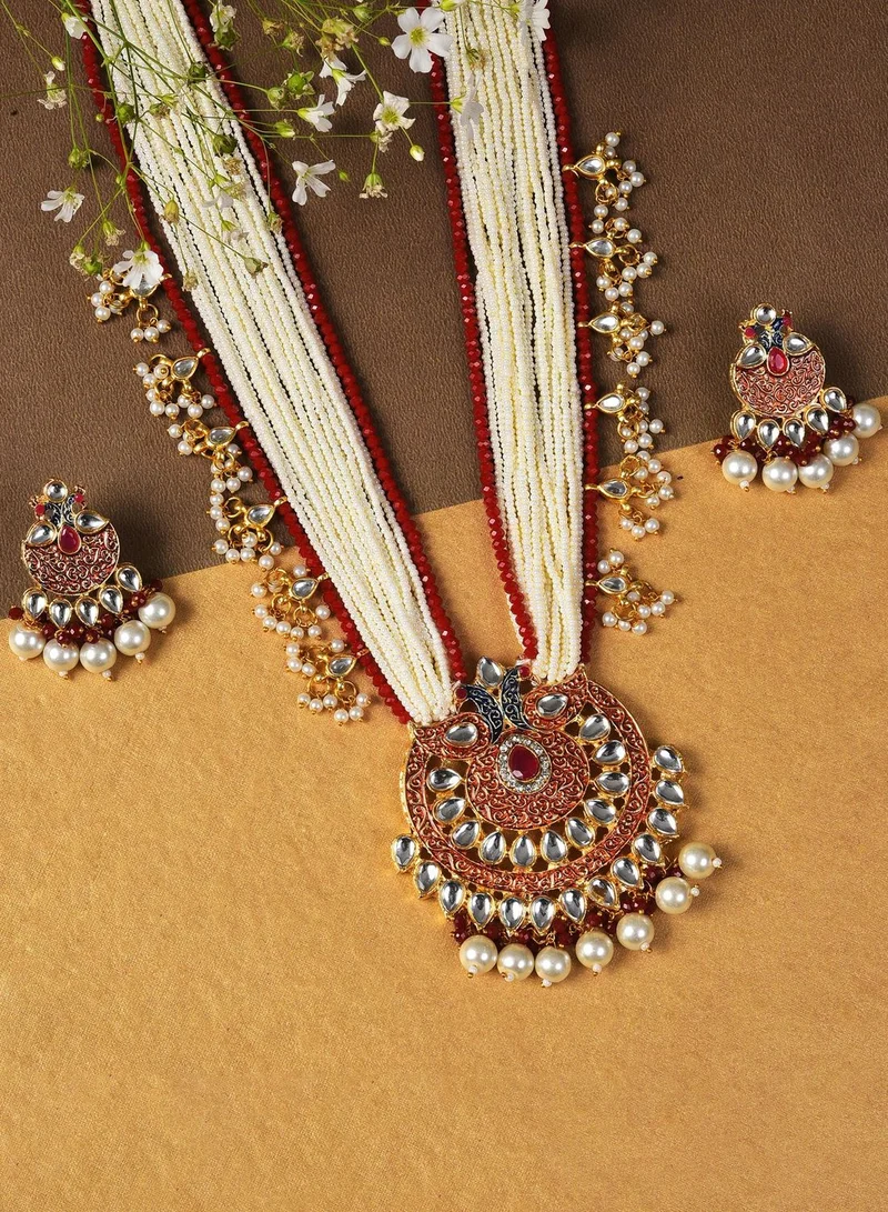 SOHI Gold Plated Designer Stone Pearl Necklace and Earrings Set