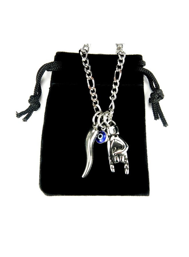 Mano Cornuto Cornicello And Nazar Combo Necklace Italian Lucky Hand Horn And Anti Evil Eye All Stainless Good Luck Amulet Protection Charms And Figaro Chain (Chain Length 24 Inches(61Cm)) - Image 4