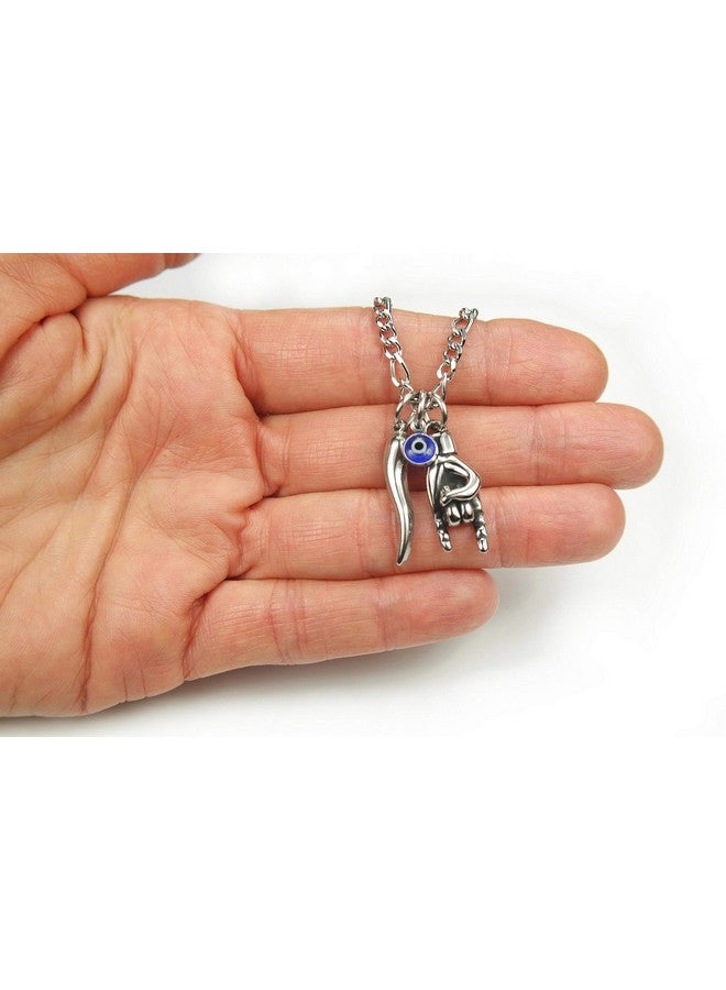 Mano Cornuto Cornicello And Nazar Combo Necklace Italian Lucky Hand Horn And Anti Evil Eye All Stainless Good Luck Amulet Protection Charms And Figaro Chain (Chain Length 24 Inches(61Cm)) - Image 2