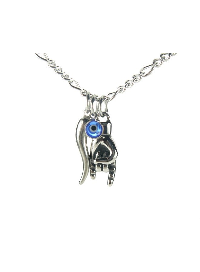 Mano Cornuto Cornicello And Nazar Combo Necklace Italian Lucky Hand Horn And Anti Evil Eye All Stainless Good Luck Amulet Protection Charms And Figaro Chain (Chain Length 24 Inches(61Cm)) - Image 1