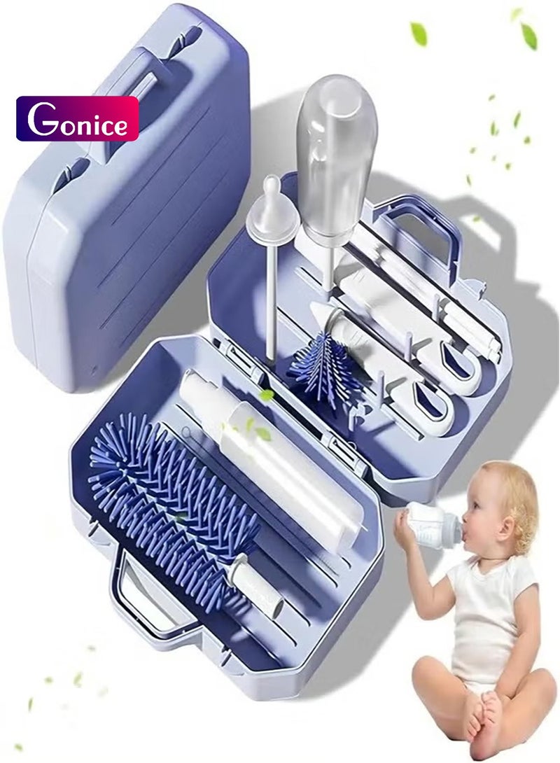 Gonice 6 in 1 Bottle Cleaning Brush Set, Travel Baby Bottle Brush Cleaner Set with Silicone Bottle Brush Nipple Cleaner Brush Straw Brush Soap Dispenser Storage Box Bottle Drying Rack - Image 1