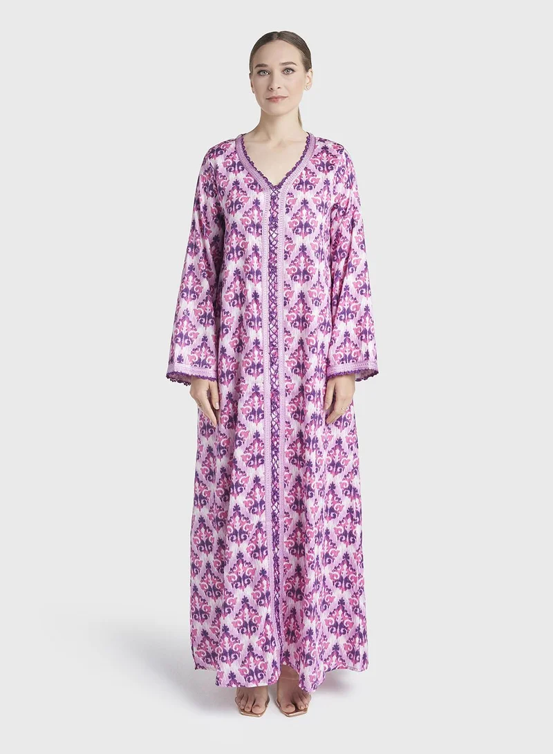 كشخة Lavender Colour Lace Work Cotton Satin Damask Printed Jalabiya (VW392)