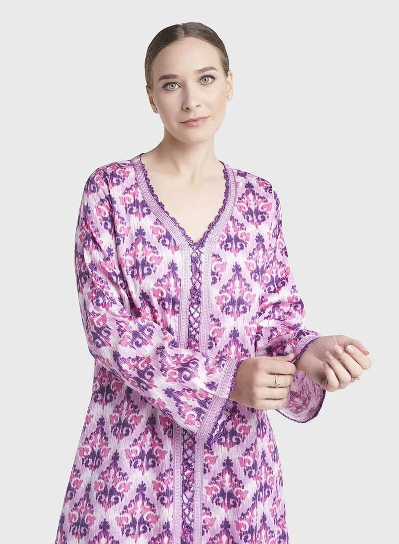 كشخة Lavender Colour Lace Work Cotton Satin Damask Printed Jalabiya (VW392)