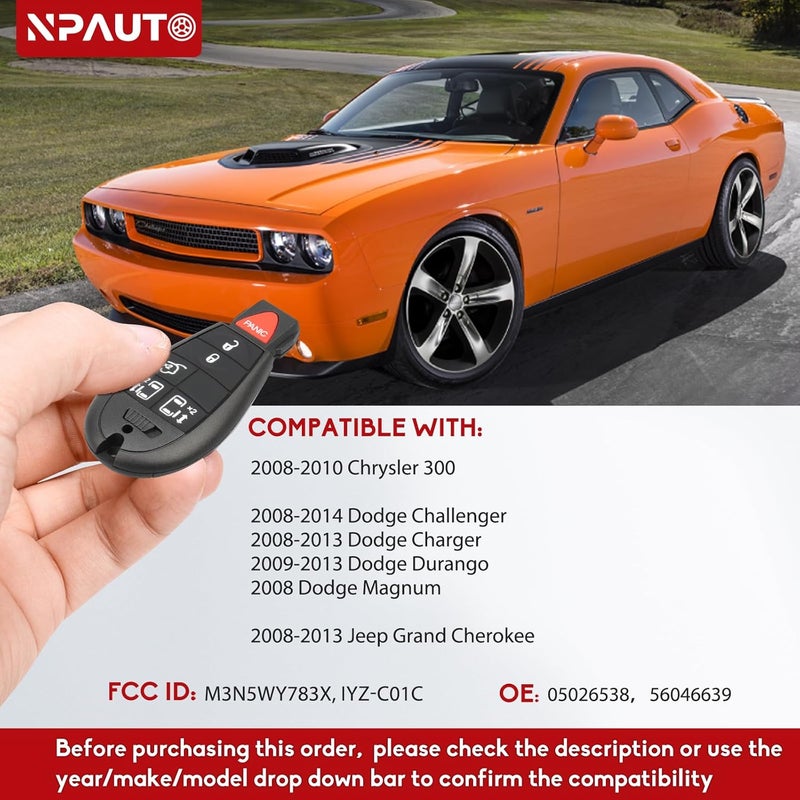 NPAUTO Key Fob Fobik Replacements for Dodge Challenger 2008-2014, Durango, Charger, Chrysler 300, Jeep Grand Cherokee Truck Keyless Entry Remote Control Start Car Key Fob (M3N5WY783X, 433 MHz, 2-Pack) - Image 3