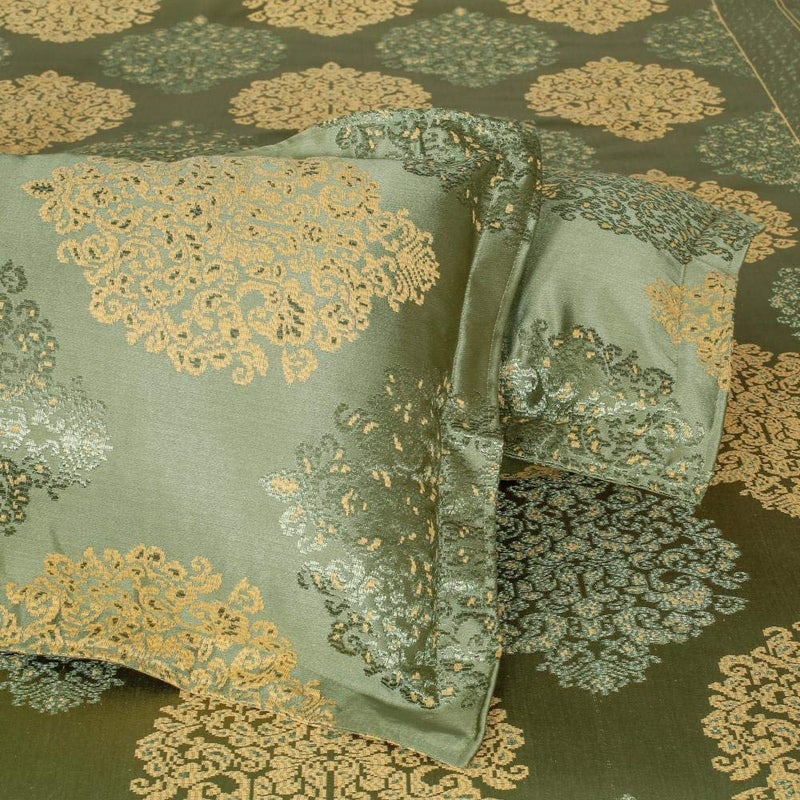 Victor Poly Cotton Styria Satin Bedcover For Double Bed/Luxury Damask Geometrical Extra Soft Bed Spread, Exclusive For Wedding (Bed Cover - 90" X 100", 2 Pillow Covers - 18" X 27"), Green, 300 tc - Image 4