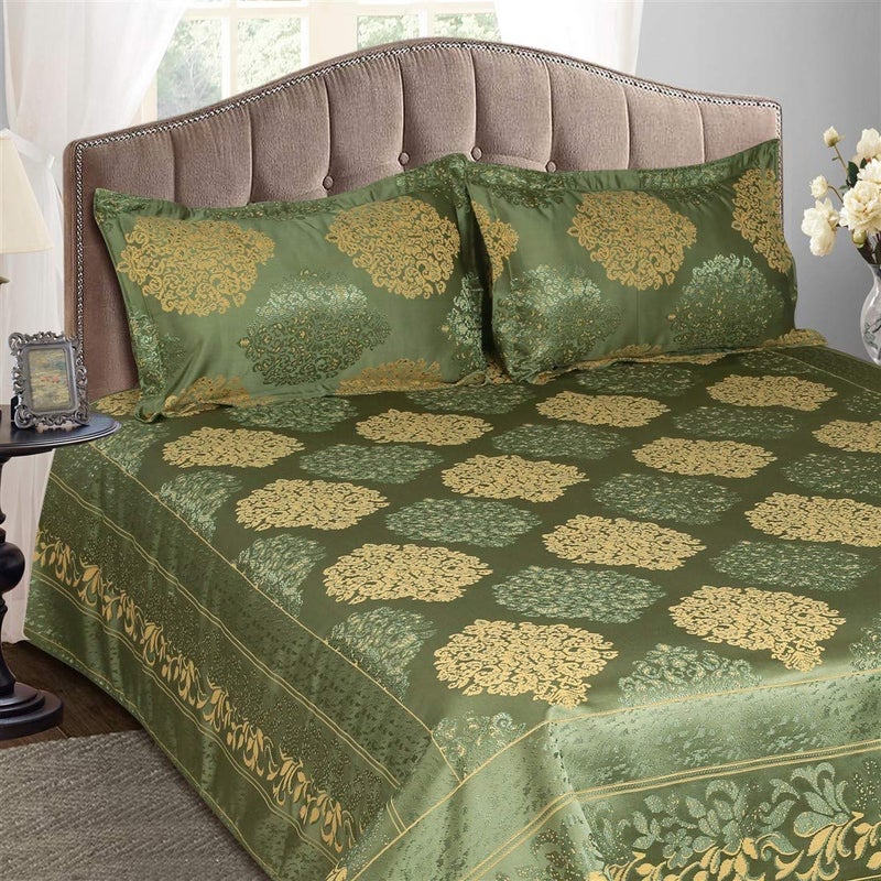 Victor Poly Cotton Styria Satin Bedcover For Double Bed/Luxury Damask Geometrical Extra Soft Bed Spread, Exclusive For Wedding (Bed Cover - 90" X 100", 2 Pillow Covers - 18" X 27"), Green, 300 tc - Image 2