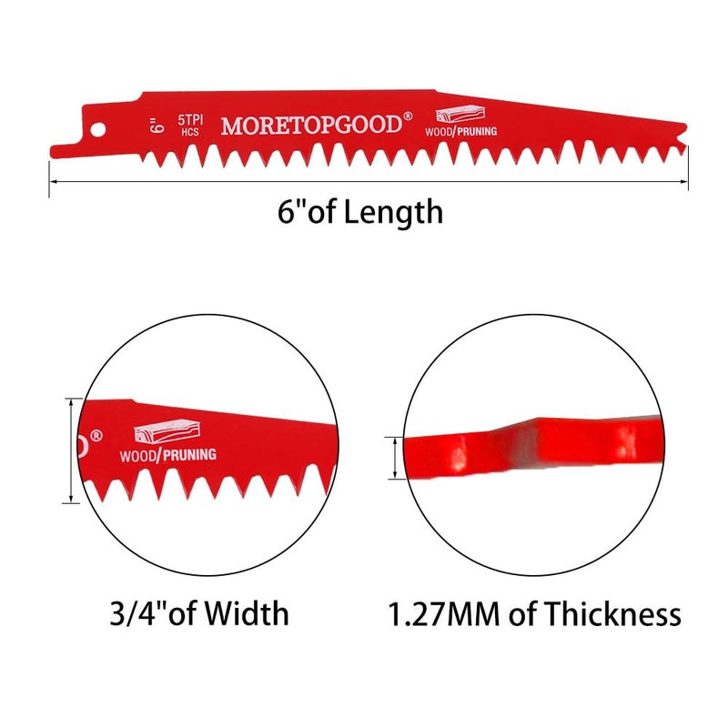 MORETOPGOOD Wood Pruning Reciprocating Saw Blades,6 Inch Saw Blades for Trees Wood Cutting, Wood Saw Blades (5 Pack/5TPI) - Image 2