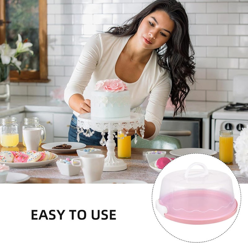 KICHOUSE Portable 10-inch Cake Carrier and Pink Plastic Cake Box with Handle Birthday Storage Container and Plate Cover for Party Use - Image 3