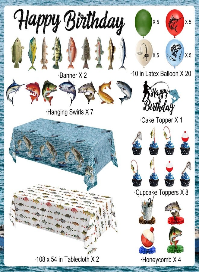 QIYANPAX Fishing Birthday Party Decorations - Plates, Napkins, Cups, Cutlery, Honeycomb Centerpieces, Banner, Hanging Swirls, Tablecloths, Toppers, Balloons for Ofishally One Birthday Decorations, Serves 24 - Image 2