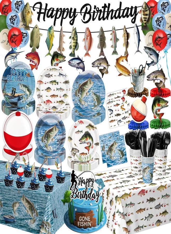 QIYANPAX Fishing Birthday Party Decorations - Plates, Napkins, Cups, Cutlery, Honeycomb Centerpieces, Banner, Hanging Swirls, Tablecloths, Toppers, Balloons for Ofishally One Birthday Decorations, Serves 24 - Image 1