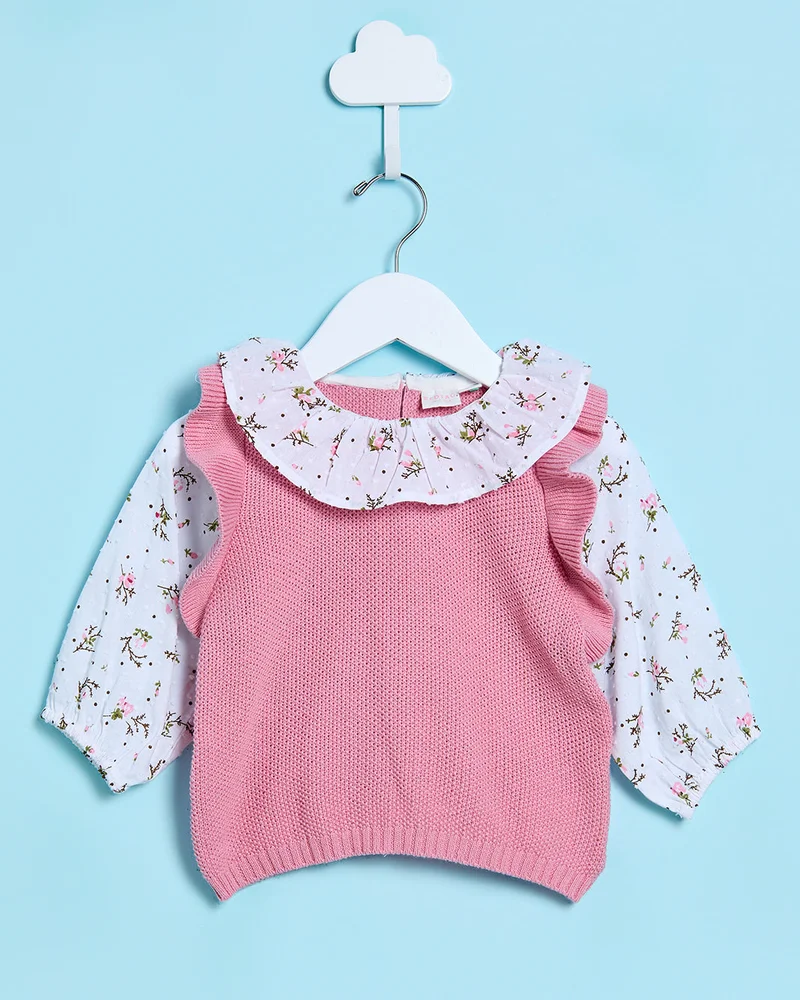 Redtag Infant Girls Pink And White Knitted Twofer Pullover