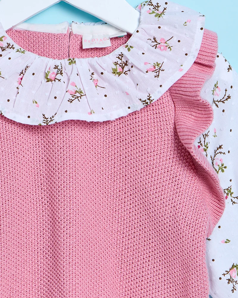 Redtag Infant Girls Pink And White Knitted Twofer Pullover