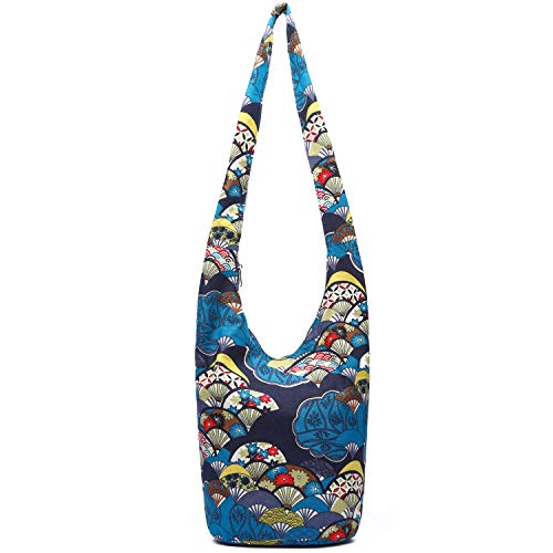 Coton Pose Women Shoulder Handbags Fashion canvas Hippie Crossbody Bags Bohemian Animal Prints Hobo Bags (Blue fan) - Image 1