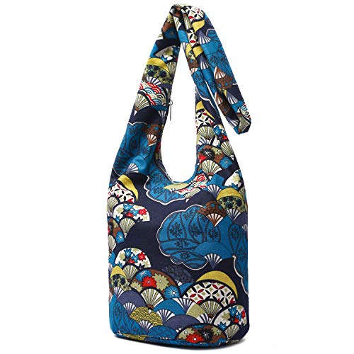 Coton Pose Women Shoulder Handbags Fashion canvas Hippie Crossbody Bags Bohemian Animal Prints Hobo Bags (Blue fan) - Image 2