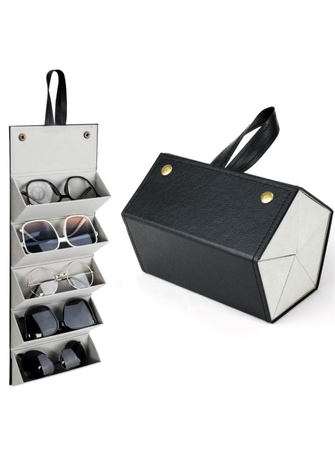 BARIQ.HOMES Foldable 5-compartment PU leather sunglasses case with carrying handle, portable glasses organizer for travel, bag, and accessories storage - Image 1