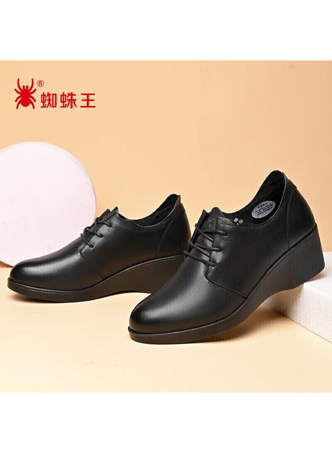 Spider King Women's Single Shoes Shallow Mouth Ladies Leather Shoes Comfortable All-match Thick-soled Slope Heel Work Professional Mom Shoes Black Size 37