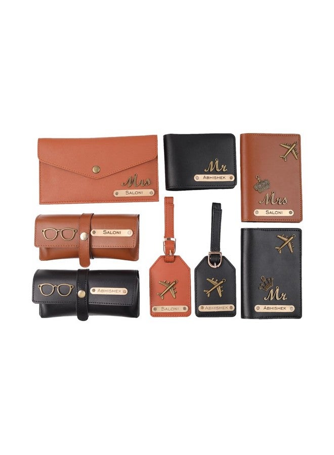 AICA Personalised Name, Charm & Color Couple Leather Wallet 8Pcs Gift Set for Men & Women |Marriage Wedding Anniversary Gift for Couples Friend Husband Wife,Brown - Image 1