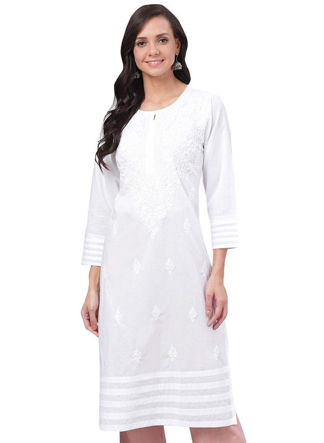 Ada Lucknowi Chikankari Hand Embroidered White Cotton Kurti Kurta for Women A149984 (XL) - Image 1