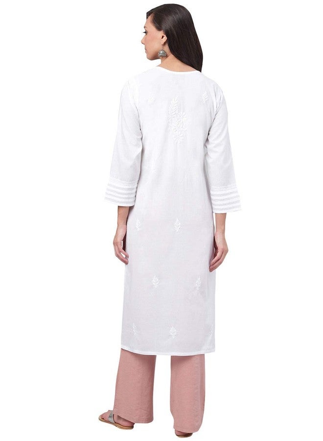 Ada Lucknowi Chikankari Hand Embroidered White Cotton Kurti Kurta for Women A149984 (XL) - Image 2