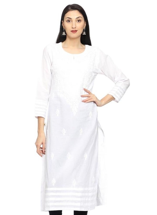 Ada Lucknowi Chikankari Hand Embroidered White Cotton Kurti Kurta for Women A149984 (XL) - Image 4