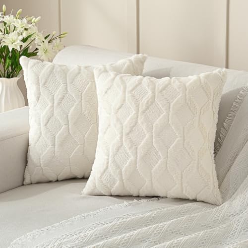 Volcanics Pack of 2 Faux Wool Throw Pillow Covers 18x18 Inches Decorative Farmhouse Velvet Couch Pillow Case Soft Plush Square Boho Cushion Pillowcase Cream Beige - Image 1
