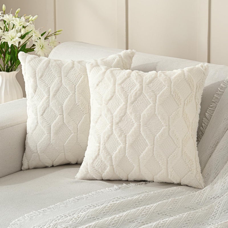 Volcanics Pack of 2 Faux Wool Throw Pillow Covers 18x18 Inches Decorative Farmhouse Velvet Couch Pillow Case Soft Plush Square Boho Cushion Pillowcase Cream Beige - Image 2