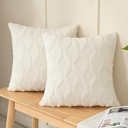 Volcanics Pack of 2 Faux Wool Throw Pillow Covers 18x18 Inches Decorative Farmhouse Velvet Couch Pillow Case Soft Plush Square Boho Cushion Pillowcase Cream Beige - Image 3