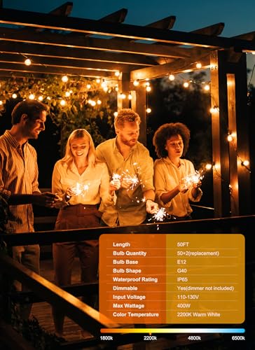 Brightown Outdoor String Lights – 50ft Connectable Patio Lights with 52 G40 LED Plastic Bulbs (2 Spare) Outside Vintage Hanging Light for Backyard Bistro Balcony Porch Party Wedding, E12, 2200K, Black - Image 2