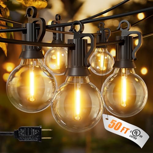 Brightown Outdoor String Lights – 50ft Connectable Patio Lights with 52 G40 LED Plastic Bulbs (2 Spare) Outside Vintage Hanging Light for Backyard Bistro Balcony Porch Party Wedding, E12, 2200K, Black - Image 1