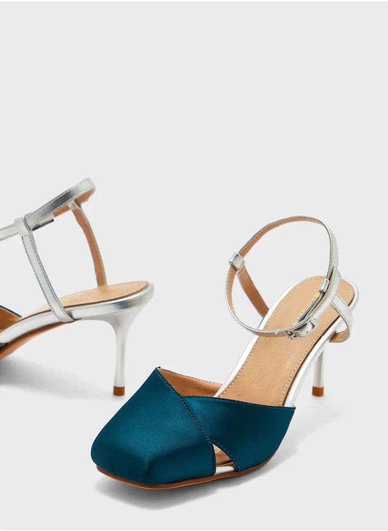 Khizana Satin Woven Ankle Strap Pump