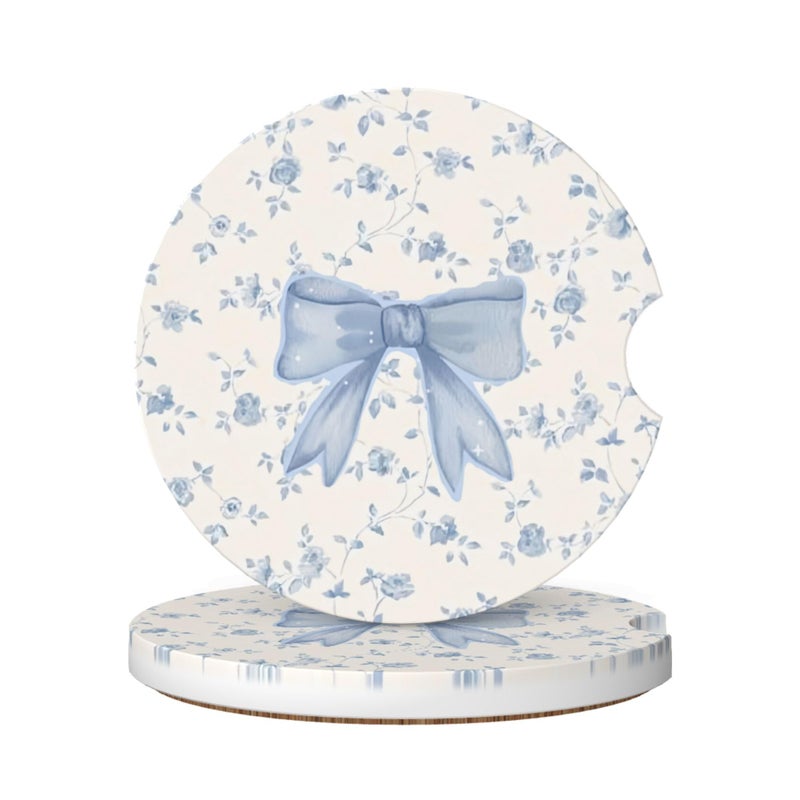 CTVSLFU Absorbent Car Coasters for Cup Holders, 2 Pack Universal Anti Slip Ceramic Cup Coaster for Women Men 2.56 Inch Car Interior Accessories - Blue Bow Tie Flower - Image 1