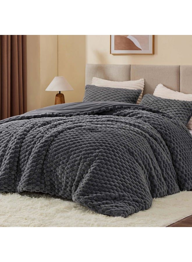 BEDELITE Fluffy Full Size Comforter Set - Dark Grey Fleece Soft Comforter for Full Size Bed, Luxury Warm Bedding Set for Winter, Fuzzy Bed Set 3 Pieces (1 Comforter, 2 Pillowcases) - Image 1