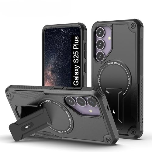 US LITE Back Cover for Samsung Galaxy S25 Plus with Portable Kickstand | Mag-Safe Compatible Magnetic Case | Shockproof Military Grade Protection | Extreme Protection Phone Cover – Black - Image 1