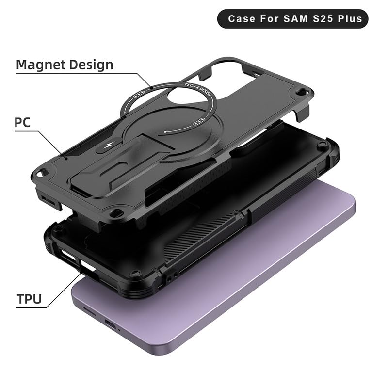 US LITE Back Cover for Samsung Galaxy S25 Plus with Portable Kickstand | Mag-Safe Compatible Magnetic Case | Shockproof Military Grade Protection | Extreme Protection Phone Cover – Black - Image 4