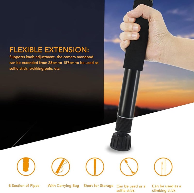 Bewinner Camera Monopod, 8 Section Carbon Fiber Portable Compact Lightweight Travel Monopod, Aluminum Alloy Selfie Stick Trekking Pole for Hiking Camping - Image 2