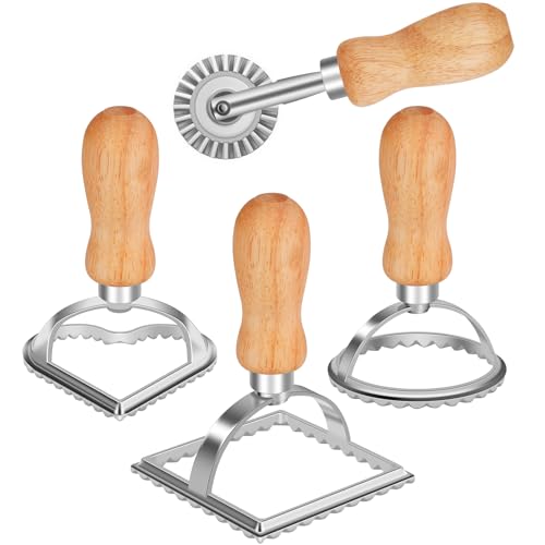 TACGEA Ravioli Stamp Maker Cutter with Roller Wheel (Set of 4), Wooden Handle and Fluted Edge, for Ravioli, Pasta, Dumplings Lasagna, Pierogi - Image 1