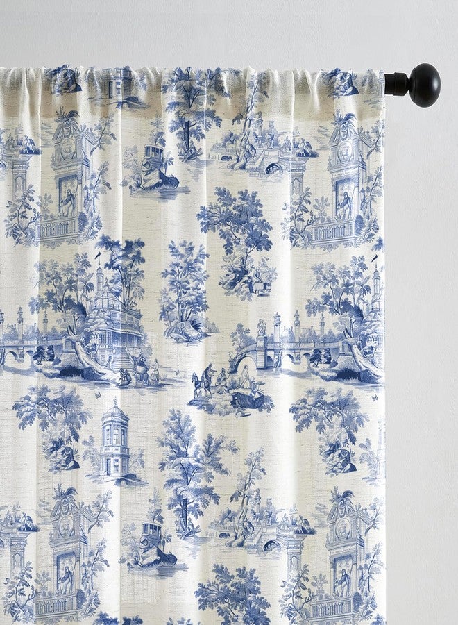 LOVOUS Vintge Blue Tolie Curtains 84 Inch Length Linen Toile de Jouy Light Filtering French Country Window Curtain for Living Room Bedroom Rod Pocket Victorian Window Treatments Drapes,2 Panels,Q2 - Image 2