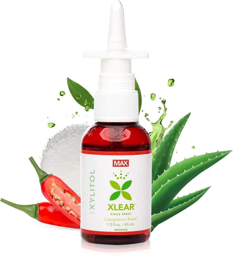 Xlear Xlear MAX Saline Nasal Spray, Natural Formula with Xylitol, Capsicum and Aloe, Nasal Decongestant for Sinus Pressure, Headache, Dry Nose for Kids and Adults, 1.5 fl oz (Pack of 2) 