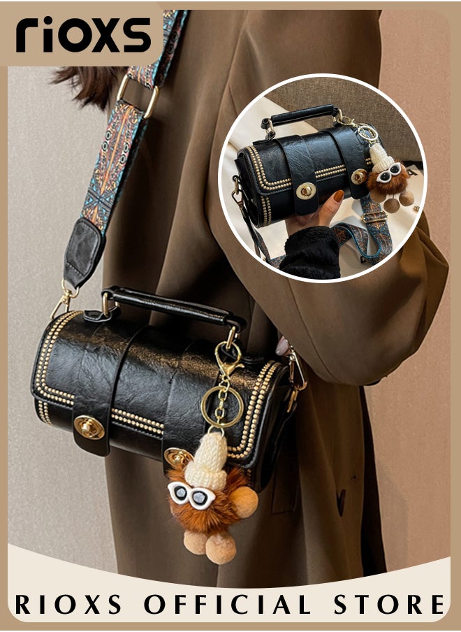 RIOXS Women's Fashion Tote Boston Cylinder Bag Lightweight Crossbody Bag Trendy Design Retro Bag with Pendant  - Image 2
