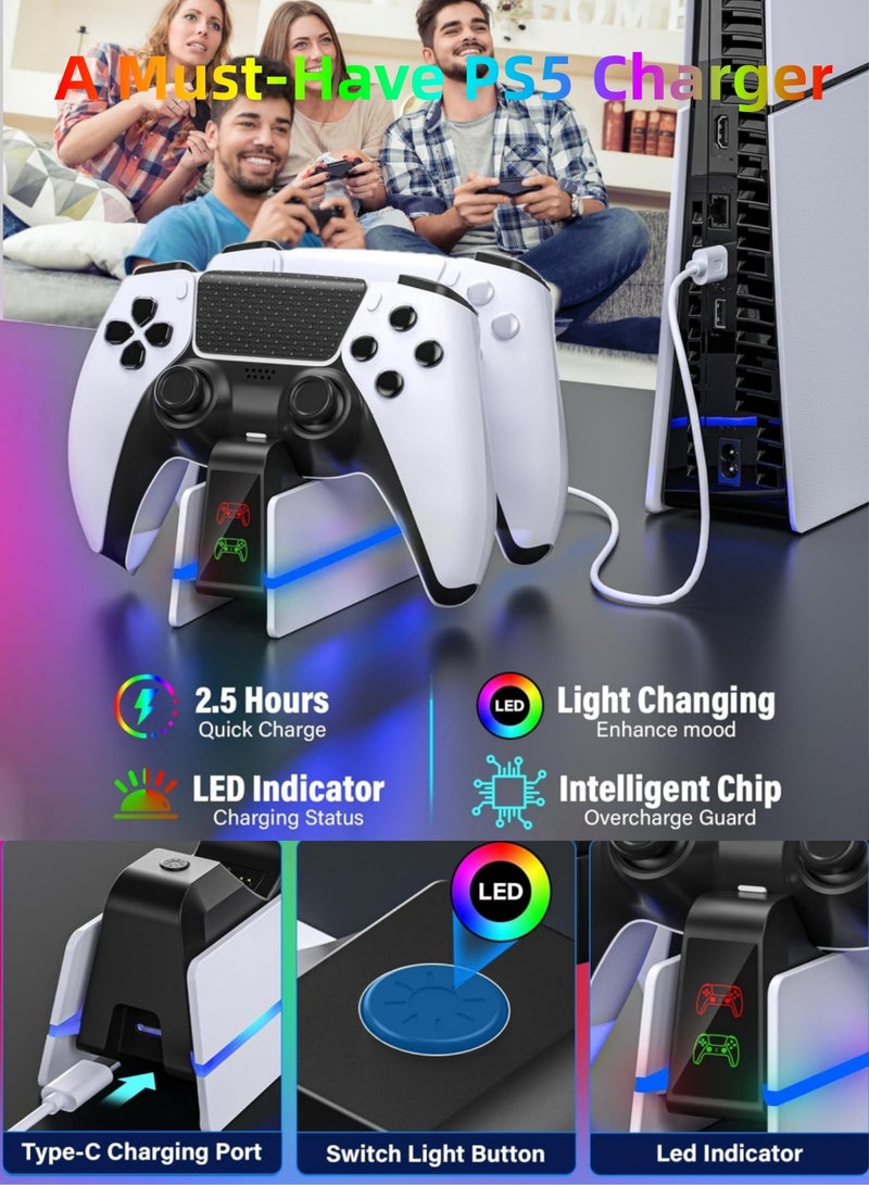 كول رابي محطة شحن وحدة تحكم PS5 - محطة شحن لوحدة تحكم PlayStation 5 Dualsense/Edge مع إضاءة LED بتسعة ألوان، وقاعدة شحن سريع، وحامل شاحن لملحقات وحدة التحكم عن بُعد PS5/Slim/Pro - Image 4