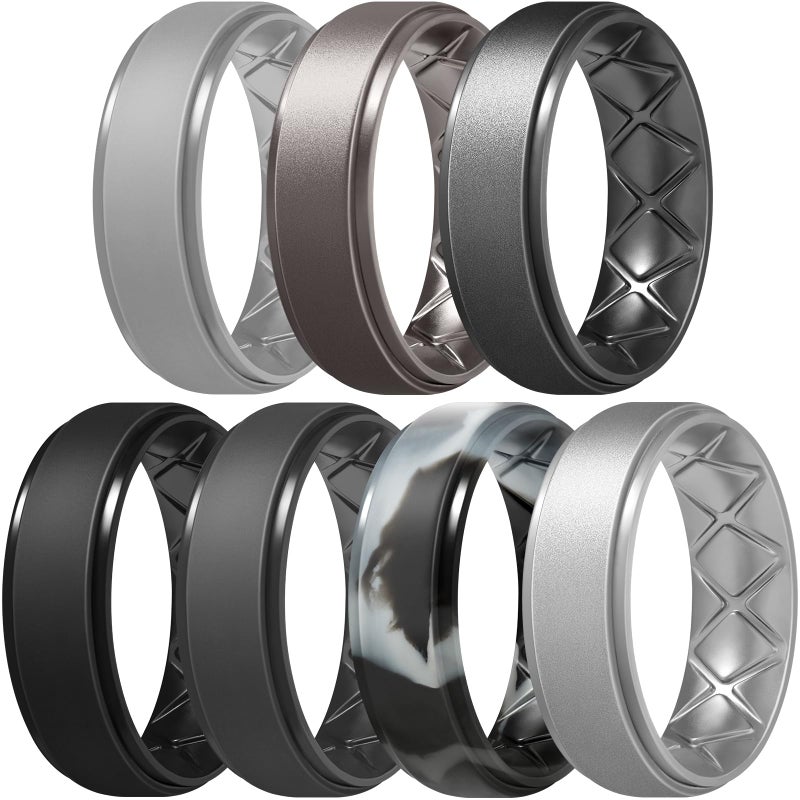 Egnaro Men's Rings 8.5mm Wide-2mm Thick Inner Arc Ergonomic Breathable Rubber Wedding bands-Hypoallergenic for Gym/Outdoor/Gift((1-7 Variety Pack with Half Size) - Image 1