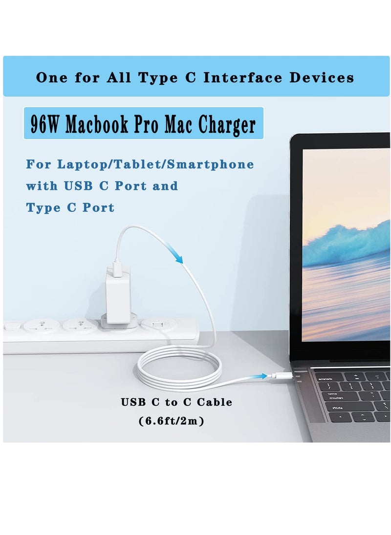 XICEN شاحن USB C Mac Book Pro بقوة 96 واط، محول طاقة شاحن Mac سريع الشحن متوافق مع MacBook Pro 16/15/14/13 بوصة وMacBook Air 13 بوصة، محول شحن لأجهزة الكمبيوتر المحمول/الكمبيوتر اللوحي/الهاتف الذكي مع منفذ USB C  - Image 2