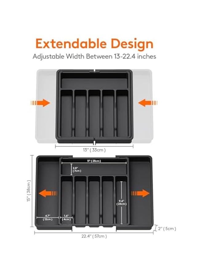 MIXDE Silverware Drawer Organizer, Expandable Utensil Tray for Kitchen, Adjustable Flatware and Cutlery Holder, Compact Plastic Storage for Spoons Forks Knives, Large (Black) - Image 3