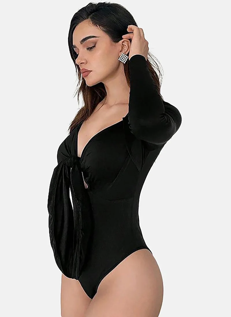 YUNIQEE Black Soild Square Neck Bodysuit