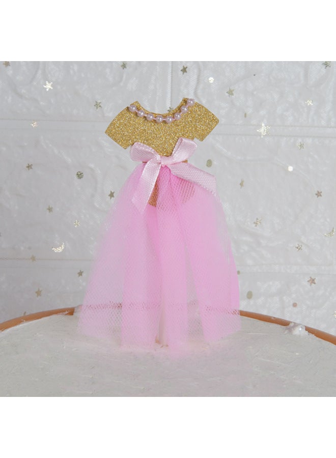 Cake Decoration Card-inserting Pearl Princess Yarn Dress Baby Pink Dress Wedding Birthday Party Baking Plug-in 1 Pack-Specifications:Pearl Gold Pink Skirt Pink Knot (T-shirt) ] - Image 1