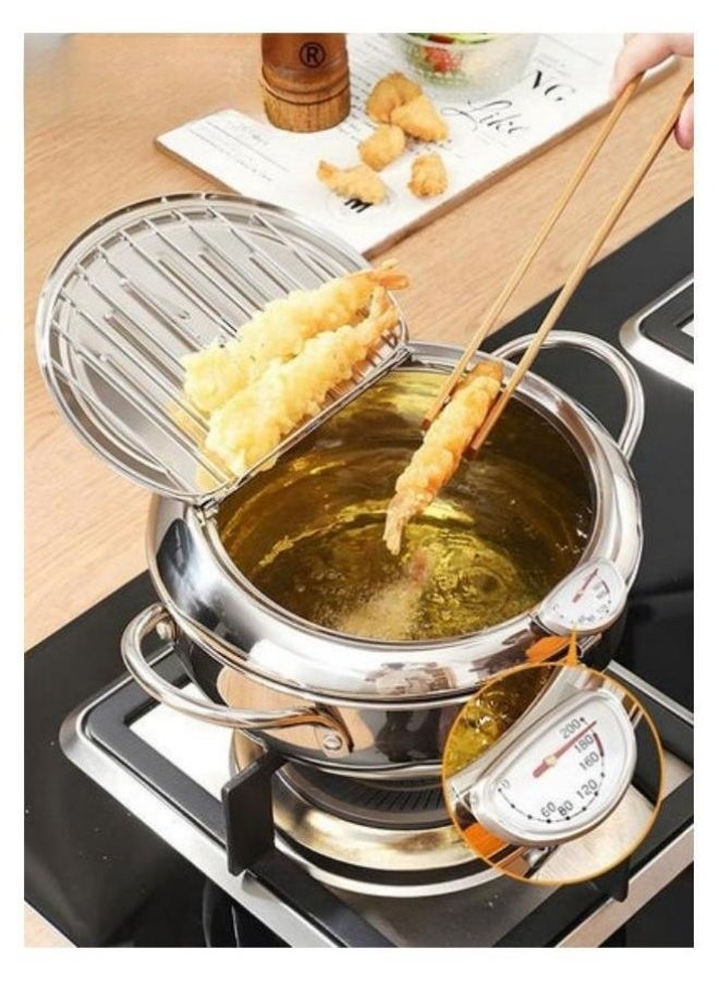 MIXDE Deep Fryer Pot, 304 Stainless Steel Tempura Fryer Pan With Temperature Control,Lid,And Oil Drip Drainer Rack For French Fries Chicken Wings And Shrimp,20cm  - Image 1